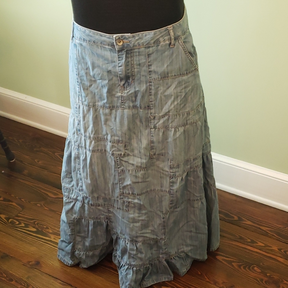 Patchwork denim maxi skirt